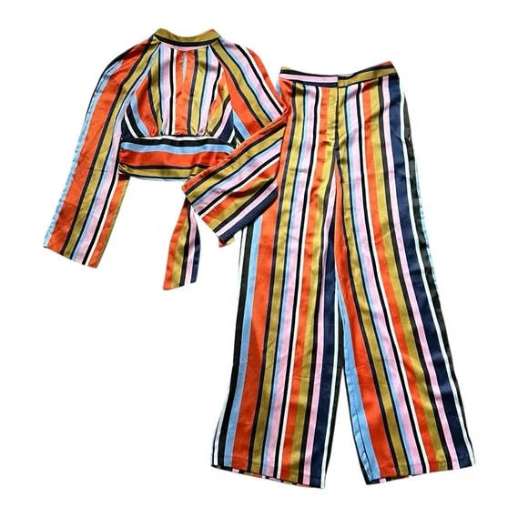 ASOS Multicolor Striped Satin Tie Top Pant Set Size 2 - Picture 1 of 9